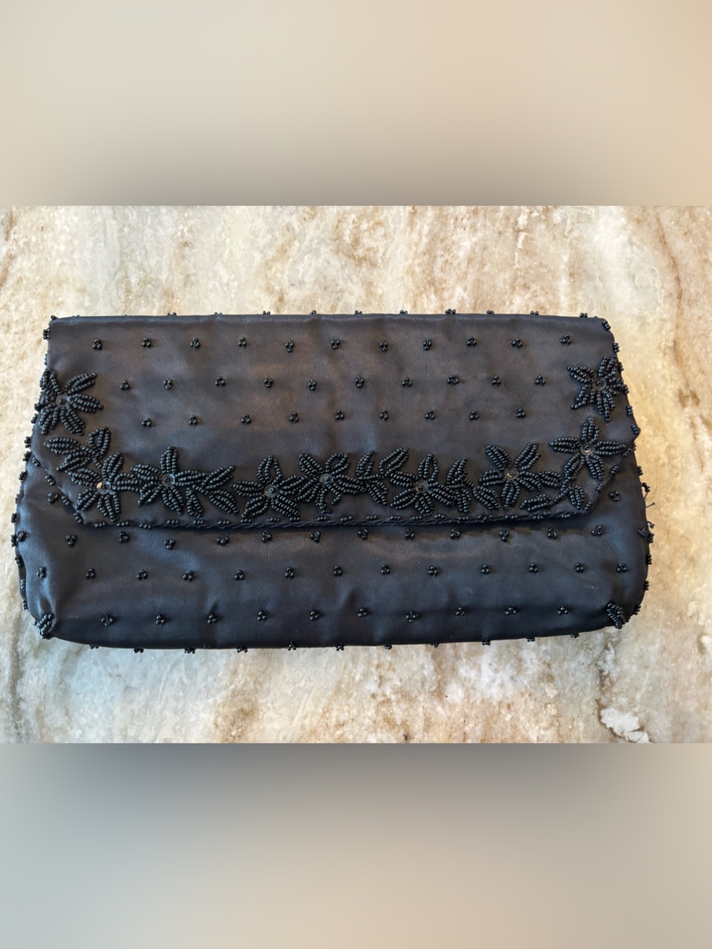 Vintage 19050s Black Beaded Floral Evening Clutch